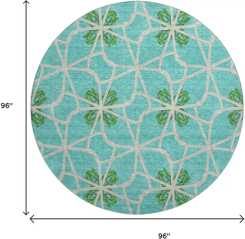 8' Aqua Green And Beige Geometric Washable Round Rug With UV Protection Photo 9