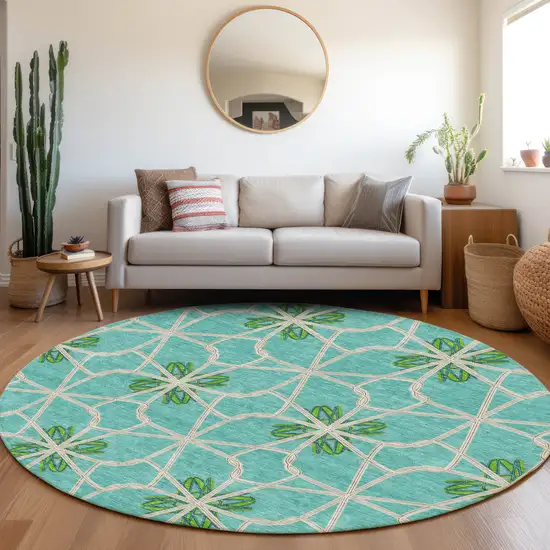 8' Aqua Green And Beige Geometric Washable Round Rug With UV Protection Photo 4