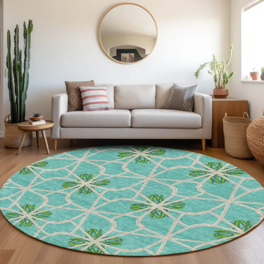 8' Aqua Green And Beige Geometric Washable Round Rug With UV Protection Photo 4