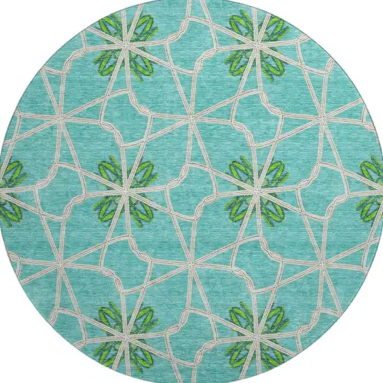 8' Aqua Green And Beige Geometric Washable Round Rug With UV Protection Photo 3
