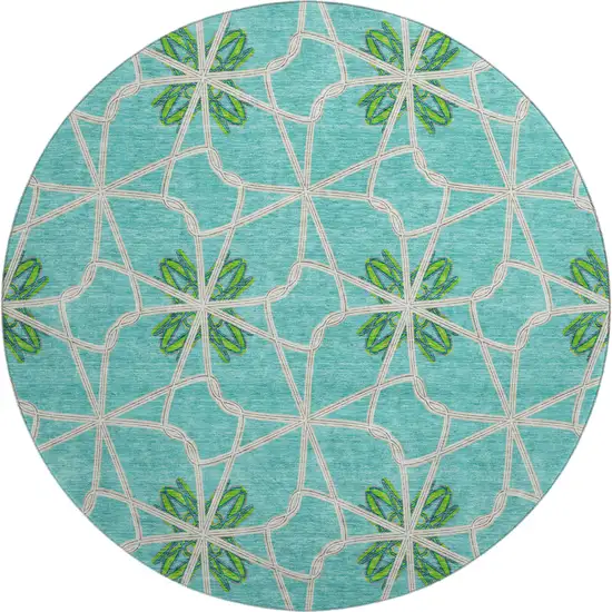 8' Aqua Green And Beige Geometric Washable Round Rug With UV Protection Photo 1