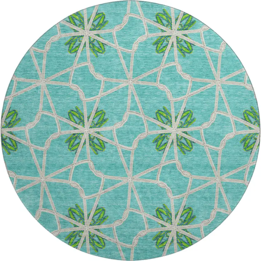 8' Aqua Green And Beige Geometric Washable Round Rug With UV Protection Photo 1