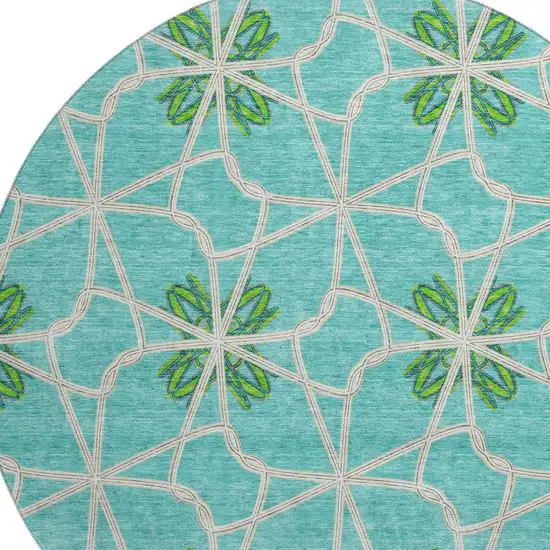8' Aqua Green And Beige Geometric Washable Round Rug With UV Protection Photo 2