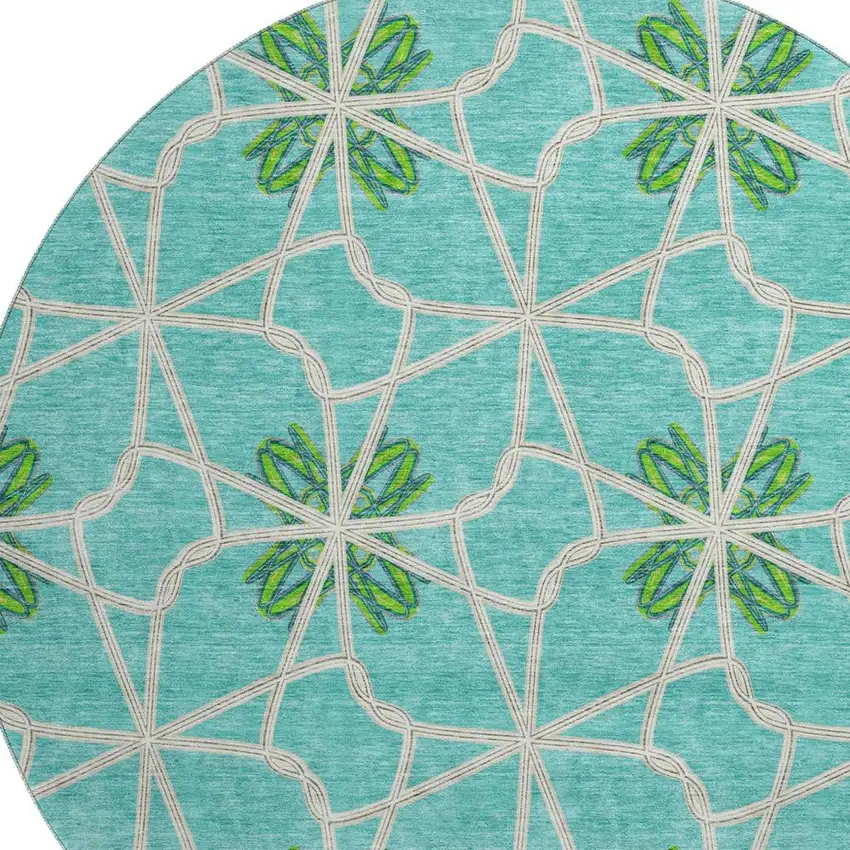 8' Aqua Green And Beige Geometric Washable Round Rug With UV Protection Photo 2