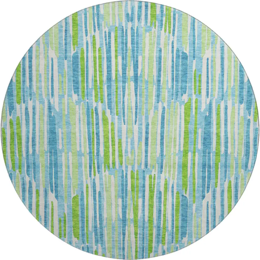 8' Aqua Green And Ivory Abstract Washable Round Rug With UV Protection Photo 1
