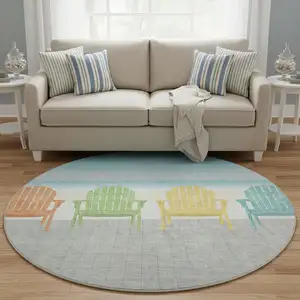 Photo of 8' Aqua Green And Orange Nautical Washable Round Rug With UV Protection
