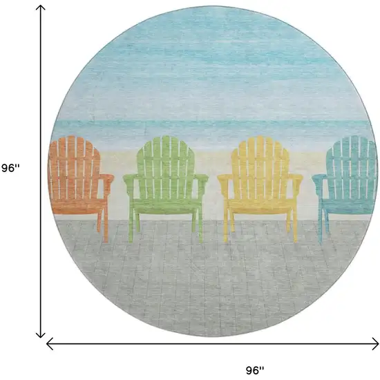 8' Aqua Green And Orange Nautical Washable Round Rug With UV Protection Photo 3