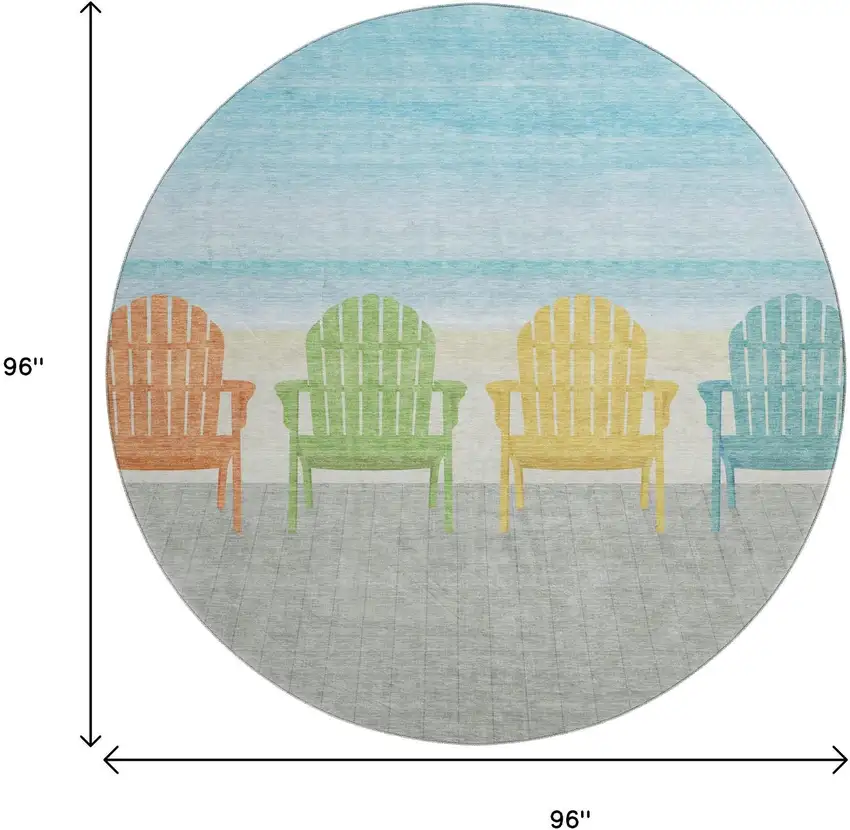 8' Aqua Green And Orange Nautical Washable Round Rug With UV Protection Photo 3