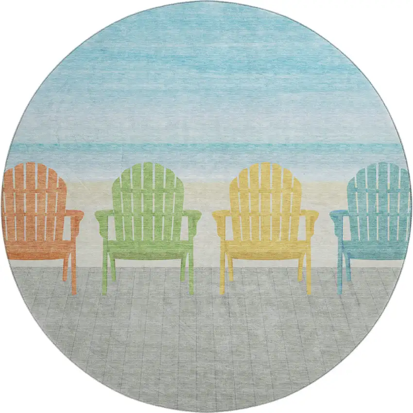 8' Aqua Green And Orange Nautical Washable Round Rug With UV Protection Photo 2