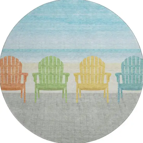 8' Aqua Green And Orange Nautical Washable Round Rug With UV Protection Photo 4