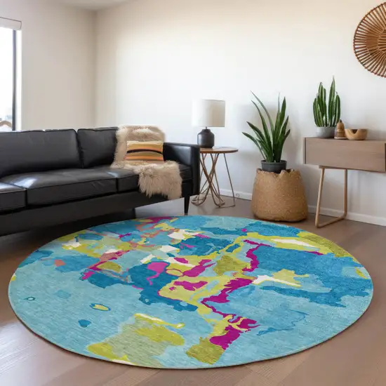 8' Aqua Green And Pink Round Abstract Washable Indoor Outdoor Area Rug Photo 8