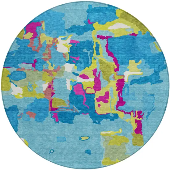 8' Aqua Green And Pink Round Abstract Washable Indoor Outdoor Area Rug Photo 2