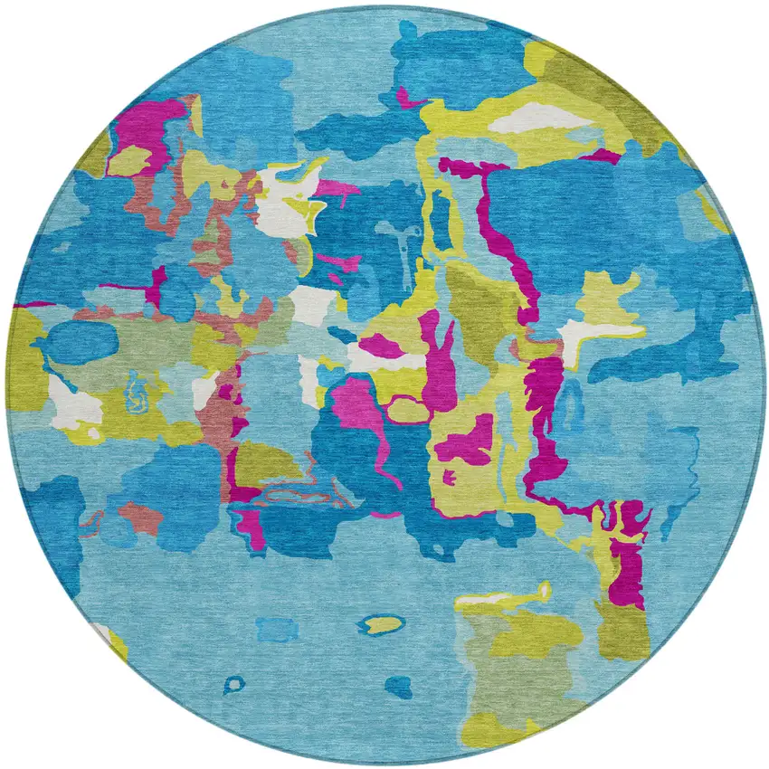 8' Aqua Green And Pink Round Abstract Washable Indoor Outdoor Area Rug Photo 2