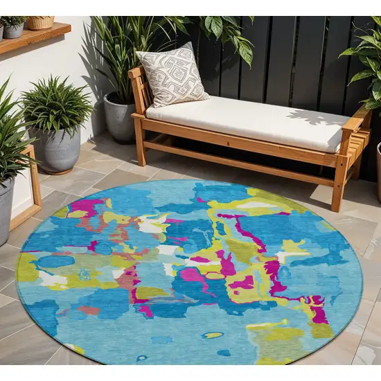 8' Aqua Green And Pink Round Abstract Washable Indoor Outdoor Area Rug Photo 1