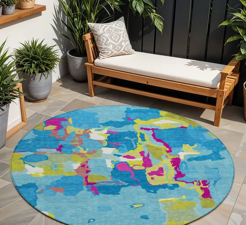 8' Aqua Green And Pink Round Abstract Washable Indoor Outdoor Area Rug Photo 1