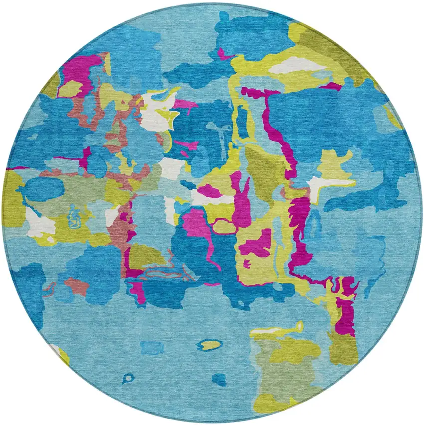8' Aqua Green And Pink Round Abstract Washable Indoor Outdoor Area Rug Photo 2