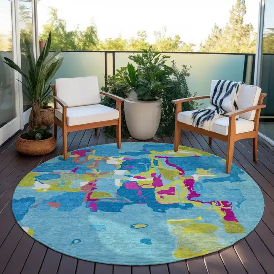 8' Aqua Green And Pink Round Abstract Washable Indoor Outdoor Area Rug Photo 7