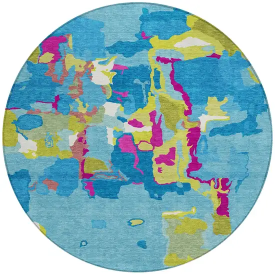 8' Aqua Green And Pink Round Abstract Washable Indoor Outdoor Area Rug Photo 5