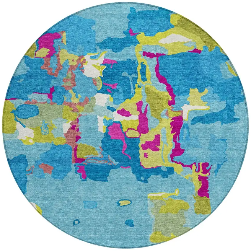 8' Aqua Green And Pink Round Abstract Washable Indoor Outdoor Area Rug Photo 5