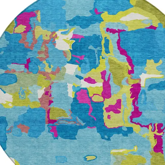 8' Aqua Green And Pink Round Abstract Washable Indoor Outdoor Area Rug Photo 5