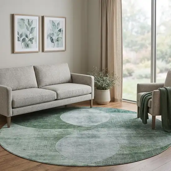 8' Aqua Green And Teal Geometric Washable Round Rug With UV Protection Photo 1