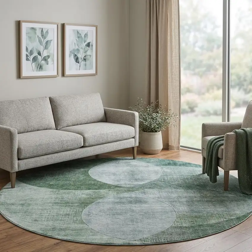 8' Aqua Green And Teal Geometric Washable Round Rug With UV Protection Photo 1