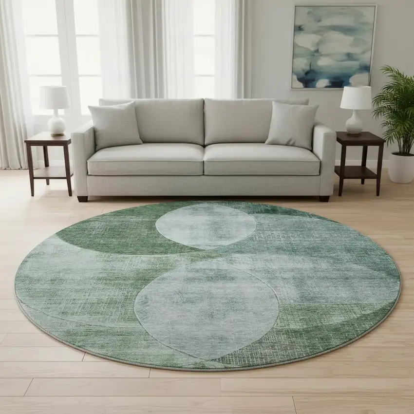 8' Aqua Green And Teal Geometric Washable Round Rug With UV Protection Photo 2