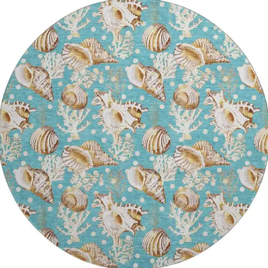 8' Aqua Ivory And Beige Geometric Washable Round Rug With UV Protection Photo 4