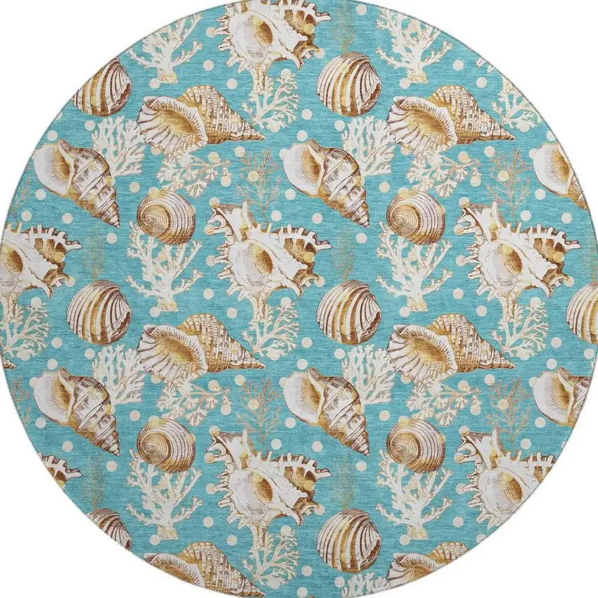 8' Aqua Ivory And Beige Geometric Washable Round Rug With UV Protection Photo 4