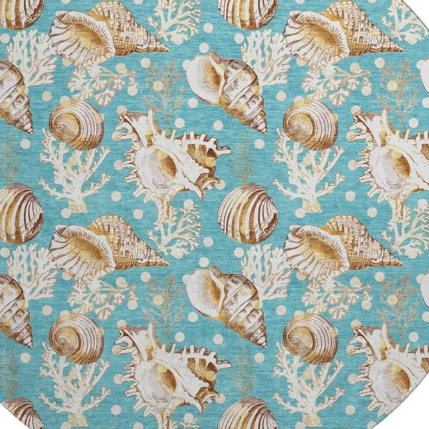 8' Aqua Ivory And Beige Geometric Washable Round Rug With UV Protection Photo 3