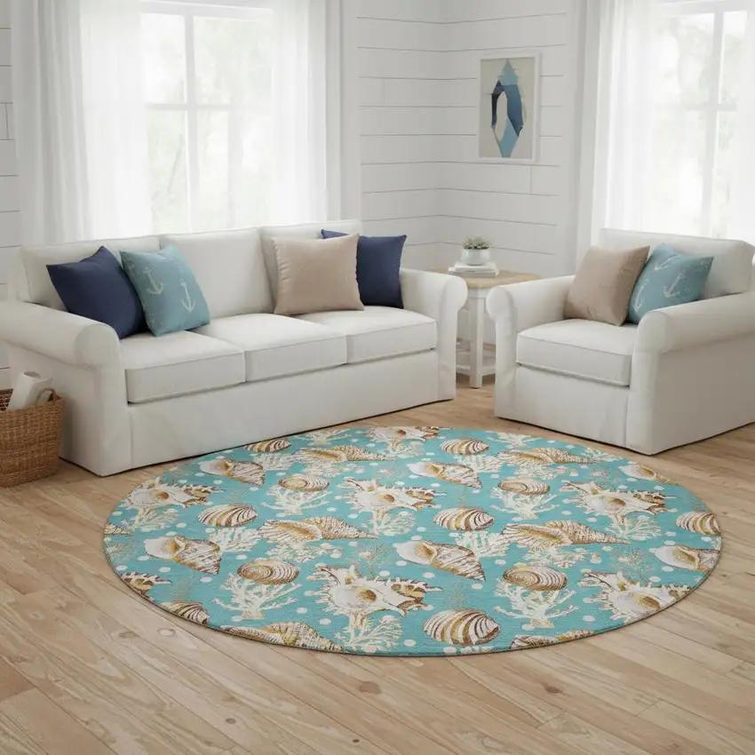 8' Aqua Ivory And Beige Geometric Washable Round Rug With UV Protection Photo 1