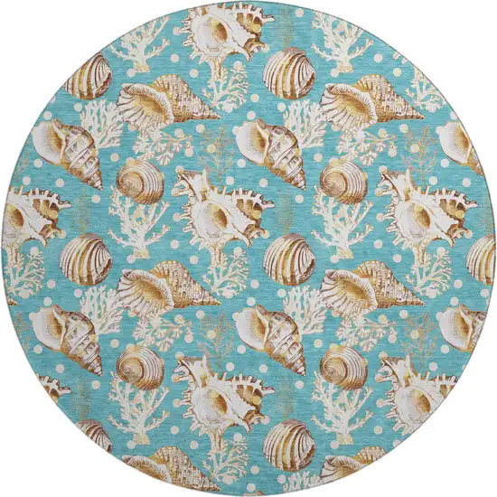 8' Aqua Ivory And Beige Geometric Washable Round Rug With UV Protection Photo 1