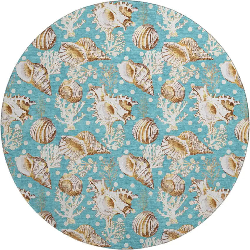 8' Aqua Ivory And Beige Geometric Washable Round Rug With UV Protection Photo 1