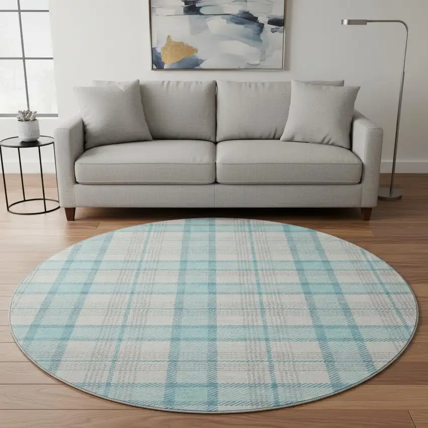 8' Aqua Ivory And Gray Plaid Washable Round Rug With UV Protection Photo 2