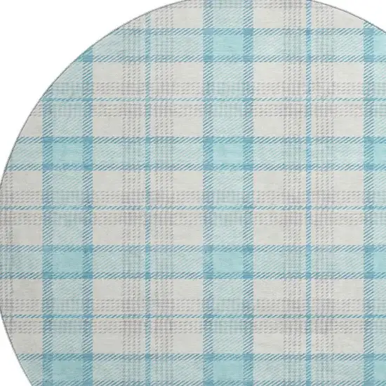 8' Aqua Ivory And Gray Plaid Washable Round Rug With UV Protection Photo 2