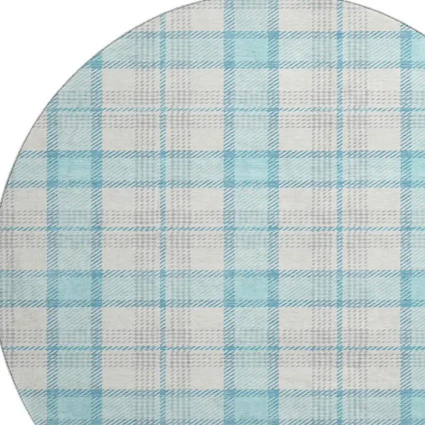 8' Aqua Ivory And Gray Plaid Washable Round Rug With UV Protection Photo 2