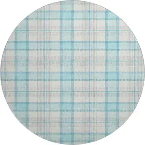 Photo of 8' Aqua Ivory And Gray Plaid Washable Round Rug With UV Protection