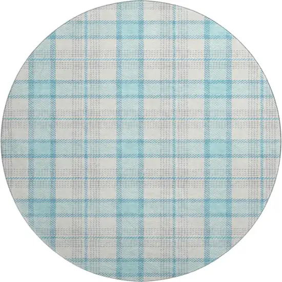 8' Aqua Ivory And Gray Plaid Washable Round Rug With UV Protection Photo 1