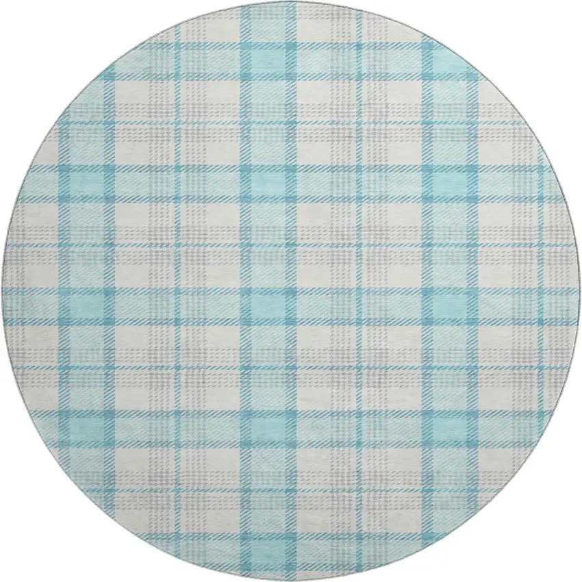 8' Aqua Ivory And Gray Plaid Washable Round Rug With UV Protection Photo 1