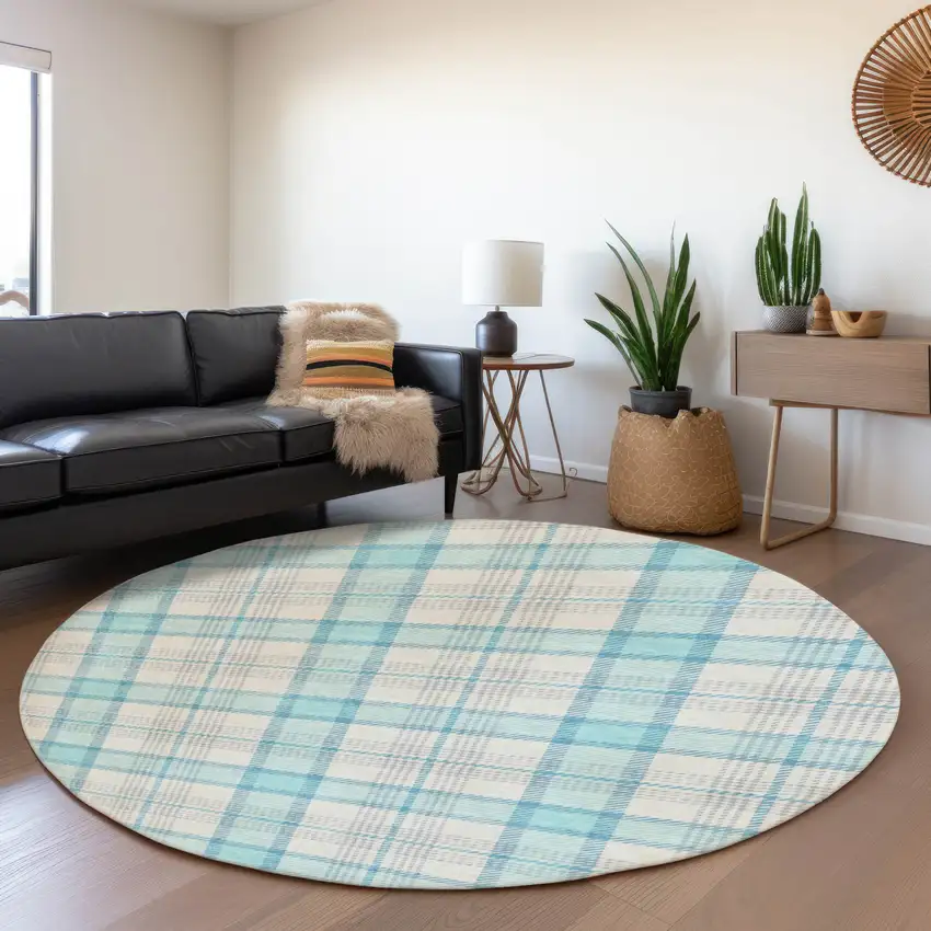 8' Aqua Ivory And Gray Plaid Washable Round Rug With UV Protection Photo 4