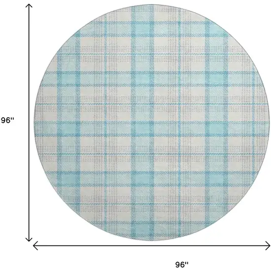 8' Aqua Ivory And Gray Plaid Washable Round Rug With UV Protection Photo 9