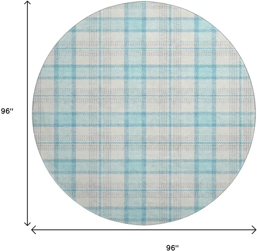 8' Aqua Ivory And Gray Plaid Washable Round Rug With UV Protection Photo 9