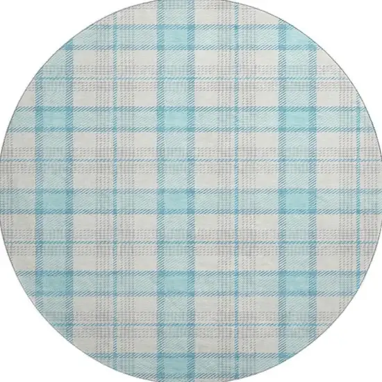8' Aqua Ivory And Gray Plaid Washable Round Rug With UV Protection Photo 3