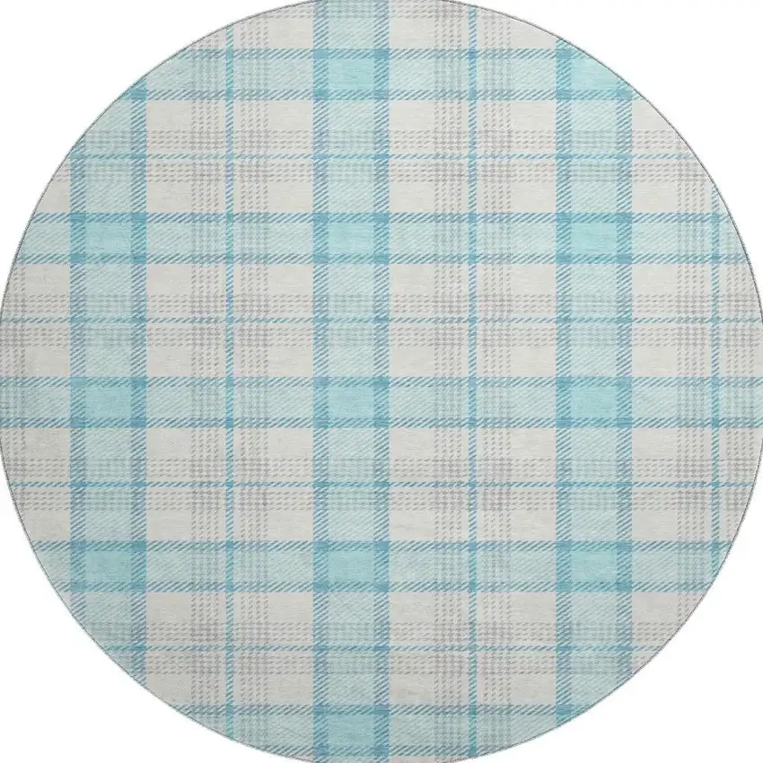 8' Aqua Ivory And Gray Plaid Washable Round Rug With UV Protection Photo 3
