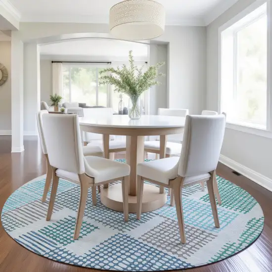 8' Aqua Ivory And Gray Round Geometric Washable Indoor Outdoor Area Rug Photo 6