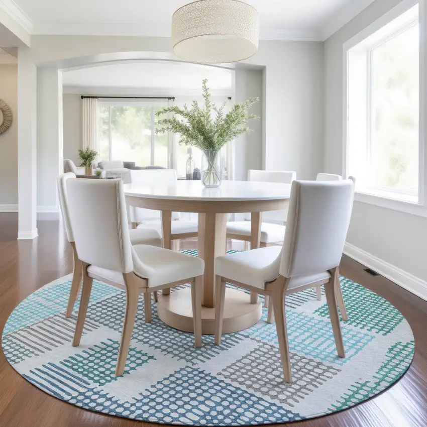 8' Aqua Ivory And Gray Round Geometric Washable Indoor Outdoor Area Rug Photo 6