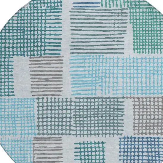 8' Aqua Ivory And Gray Round Geometric Washable Indoor Outdoor Area Rug Photo 9