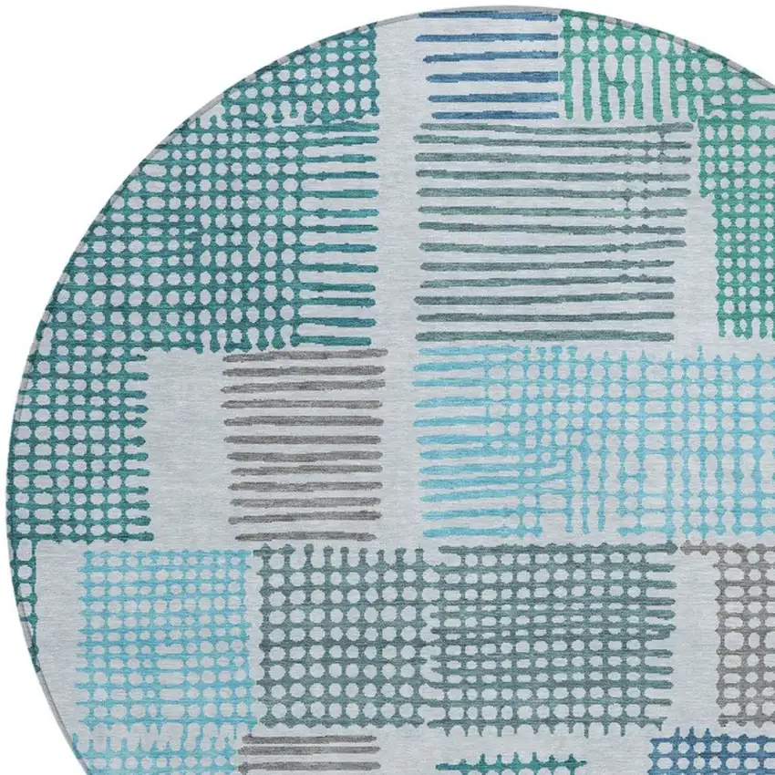 8' Aqua Ivory And Gray Round Geometric Washable Indoor Outdoor Area Rug Photo 4