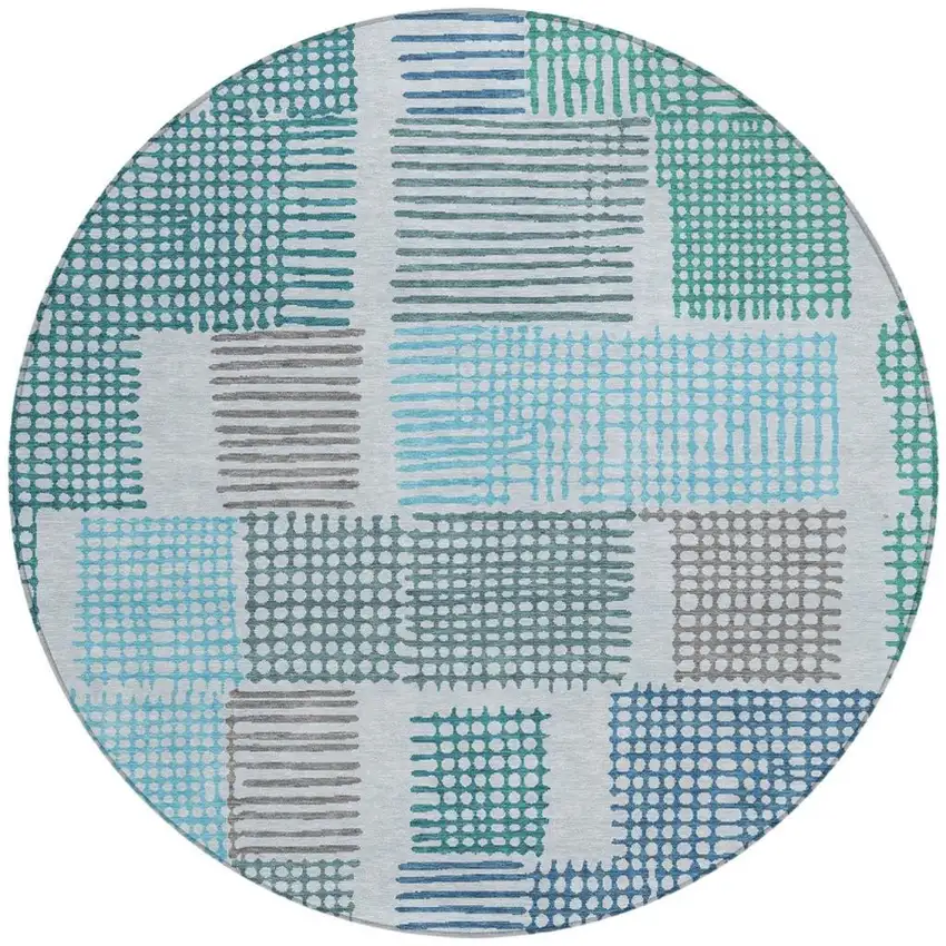 8' Aqua Ivory And Gray Round Geometric Washable Indoor Outdoor Area Rug Photo 3