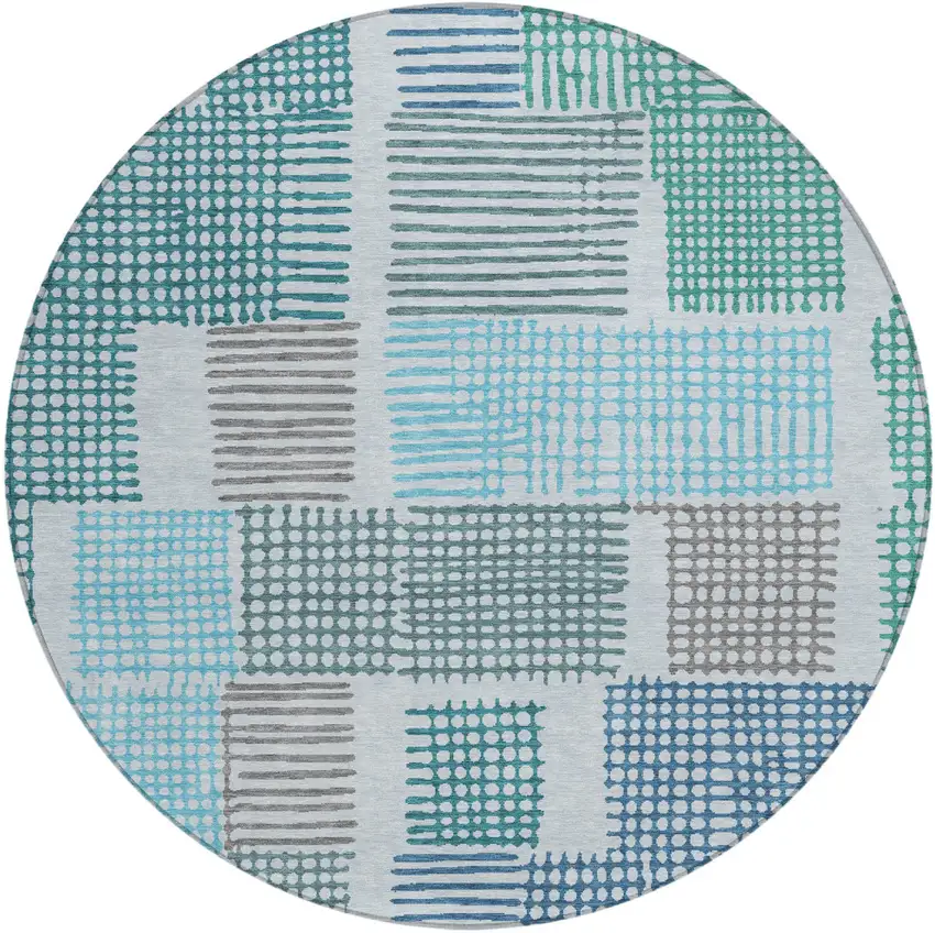 8' Aqua Ivory And Gray Round Geometric Washable Indoor Outdoor Area Rug Photo 1
